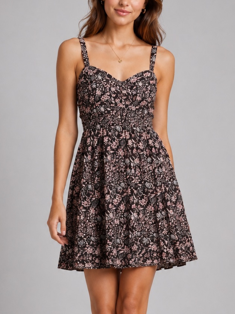 🆕🥥Lucky Brand Smocked Floral Boho Cottagecore Mini Sundress Size L
